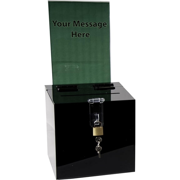 --Acrylic donation, voting, raffle or suggestion box with lock and removable sign - plastic comment or complaint container - polycarbonate multifunctional box with slot - black (66)