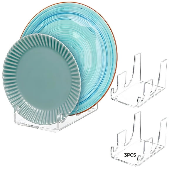 Acrylic plate display stand,3 transparent plate display stands, double slot design, non-skid rubber feet,suitable for kitchenware and cabinet storage