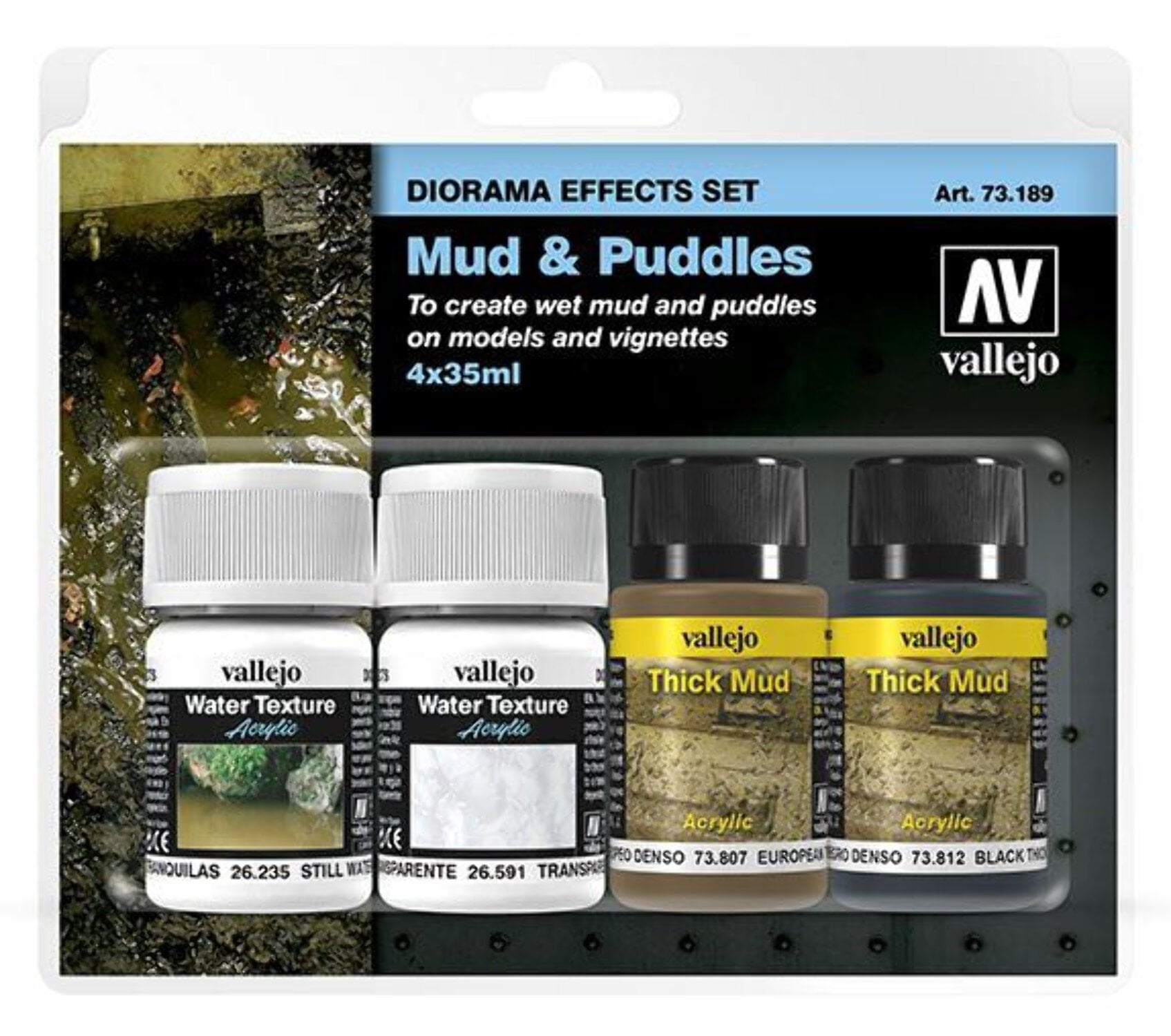 Acrylicos Vallejo VJP73189 Diorama Effect Mud & Puddles Acrylic Paint & Brush - Pack of 4