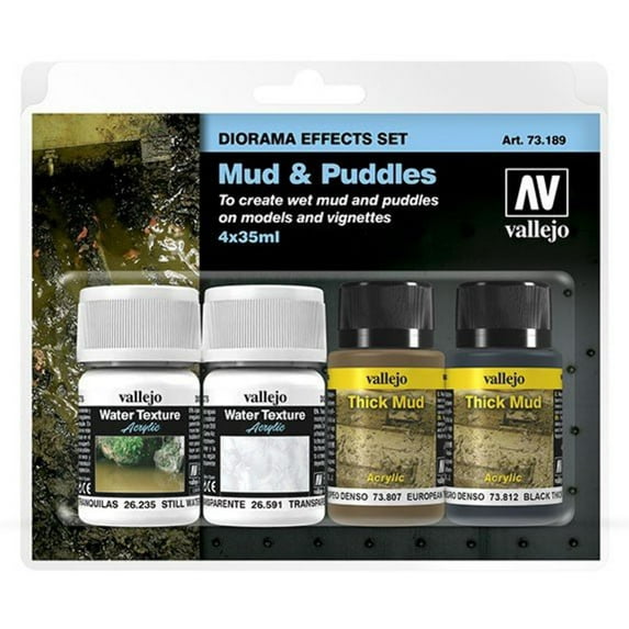 Acrylicos Vallejo VJP73189 Diorama Effect Mud & Puddles Acrylic Paint & Brush - Pack of 4