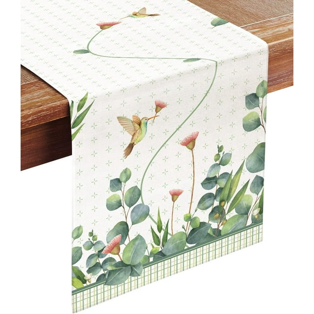 AcserGery Spring Summer Style Table Runner, Green Plants Hummingbirds