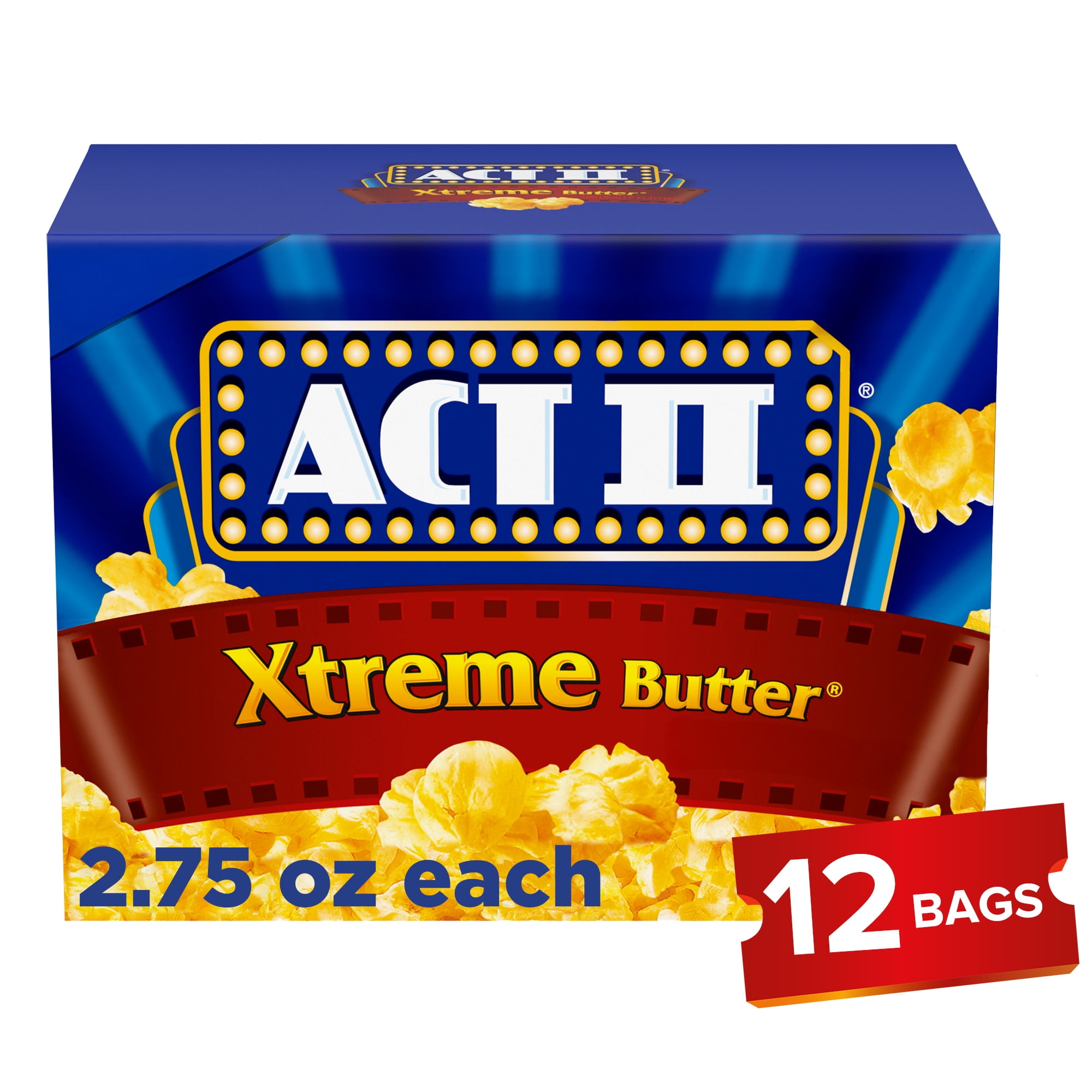 Act II Xtreme Butter Microwave Popcorn, Movie Night Supplies, 2.75 oz., 12-Count Bags