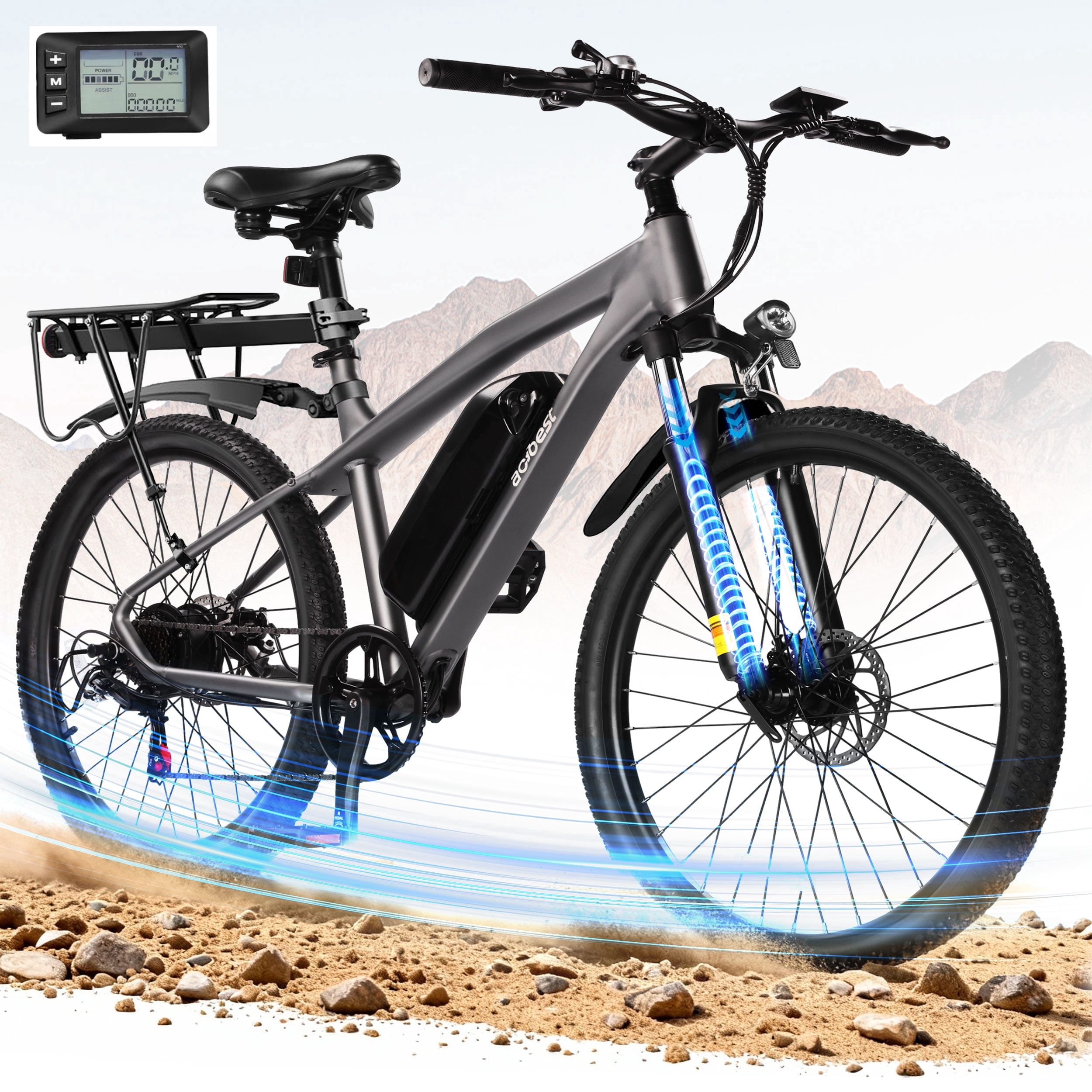 Actbest 27.5" Electric Bike for Adults, 1200W Peak Brushless Motor Up to 28MPH, 499.2WH Removable Battery Electric Mountain Bike, 21-Speed E-Bike with Fork Suspension (Grey) with Fender & Rear Rack