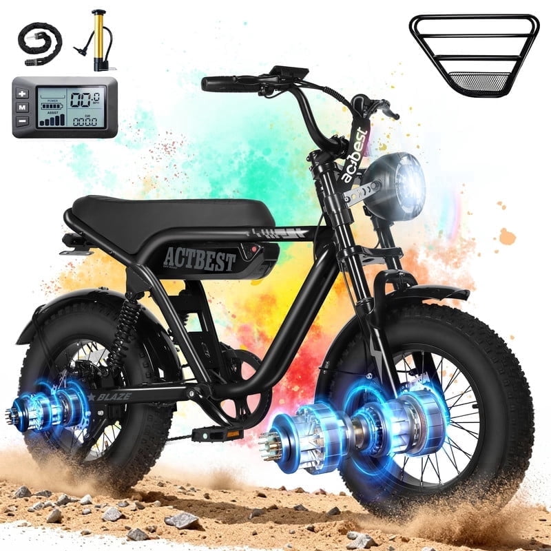 Actbest Blaze Electric Bike for Adults/Teens, 16" Fat Tire Ebike Peak 1200W 55 Miles 25Mph Full Suspension Electric Motorcycle, Gray with Lock & Basket