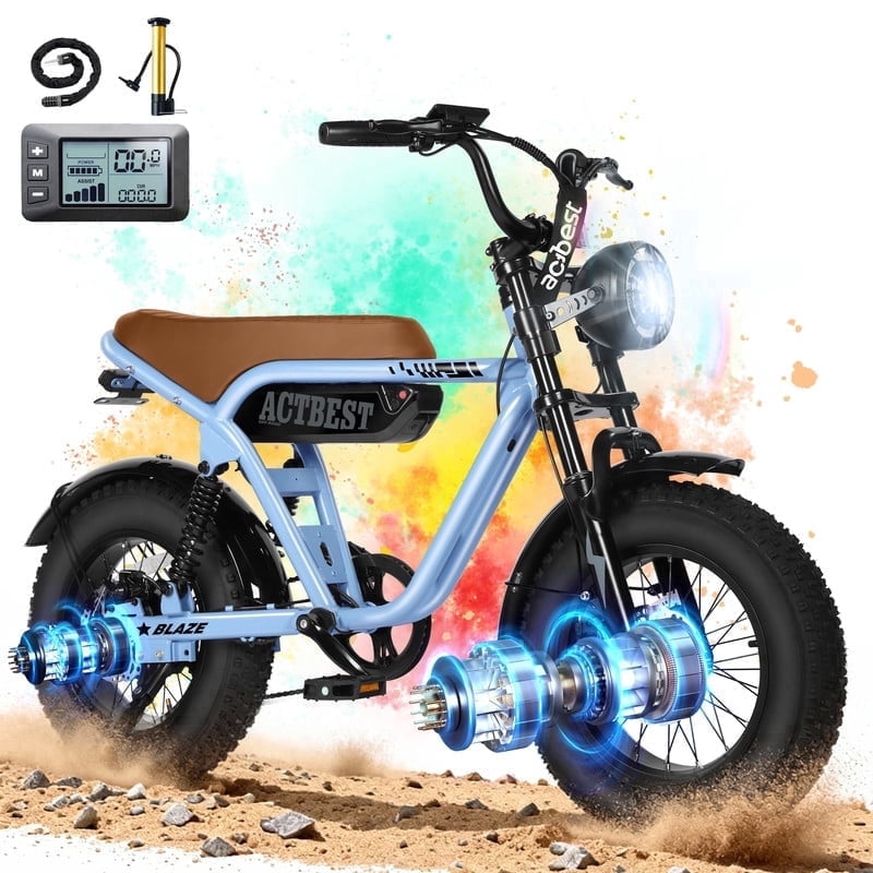 Actbest Blaze Electric Bike for Adults/Teens, 16" Fat Tire Ebike Peak 1200W 55 Miles 25Mph Full Suspension Electric Motorcycle, Blue & Brown with Lock