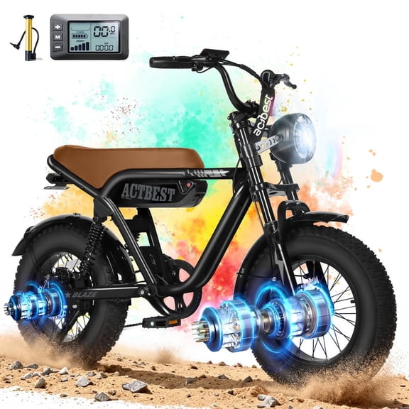 Actbest Blaze Electric Bike for Adults/Teens, 16" Fat Tire Ebike Peak 1200W 55 Miles 25Mph Full Suspension Electric Motorcycle, Gray & Brown