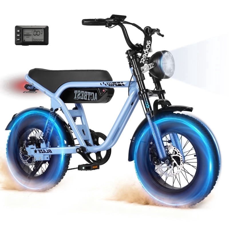 Actbest Blaze Electric Bike for Adults/Teens, 16" Fat Tire Ebike Peak 1200W 55 Miles 25Mph Full Suspension Electric Motorcycle, Blue