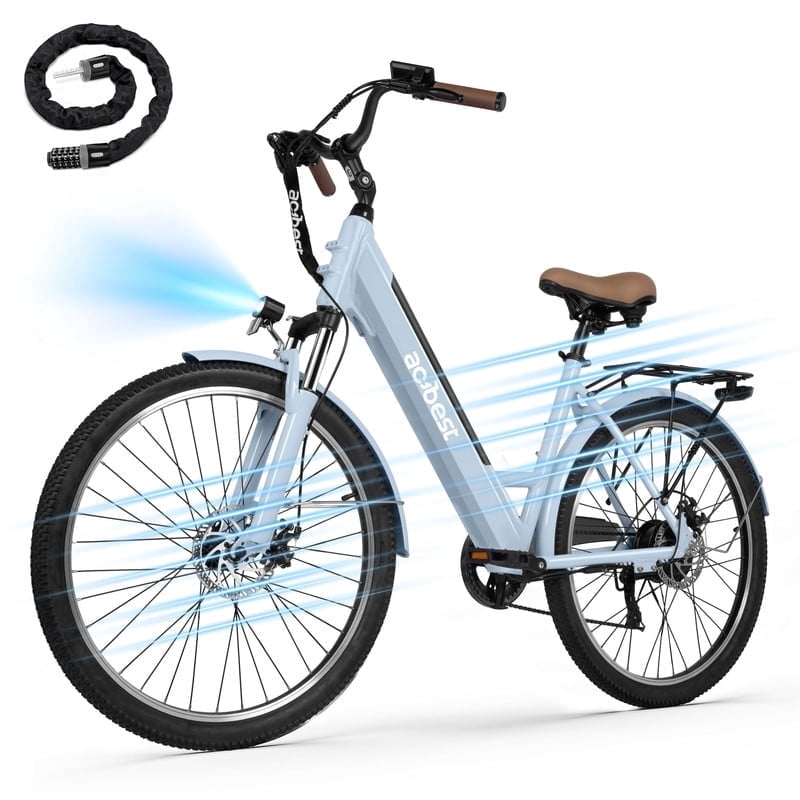 Actbest Core-Swept Step Thru Electric Bike for Adults, 26" Electric Bicycle with Peak 749W Brushless Motor, 36V/13Ah Built-in Battery, 7 Speed Front Shock Ebike (Blue) with Lock