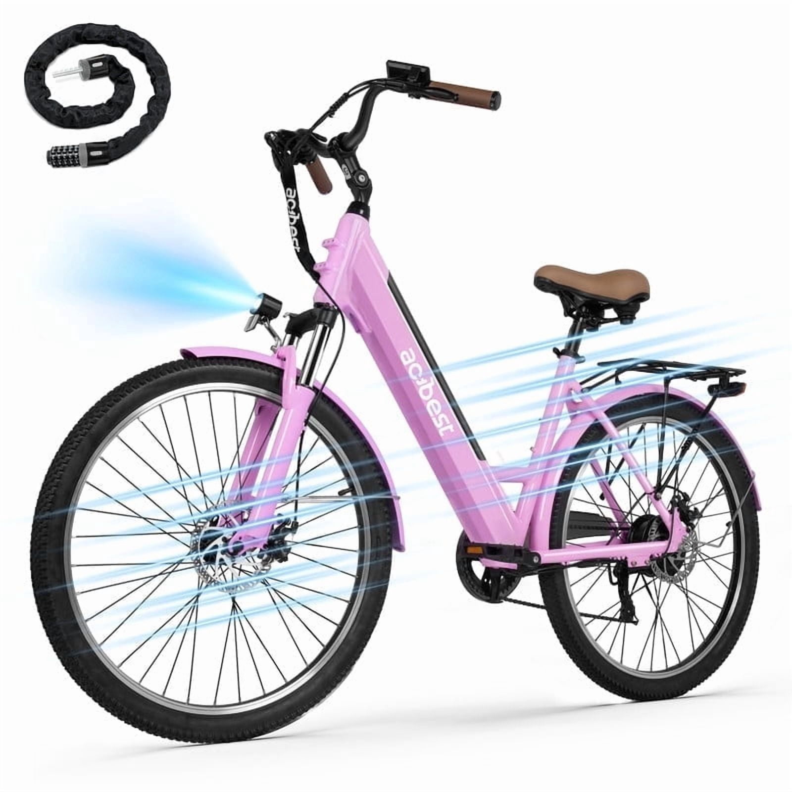 Actbest Core-Swept Step Thru Electric Bike for Adults, 26" Electric Bicycle with Peak 749W Brushless Motor, 36V/13Ah Built-in Battery, 7 Speed Front Shock Ebike (Pink) with Lock