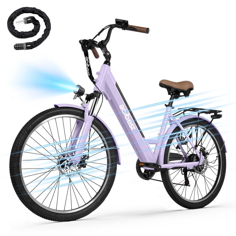 Actbest Core-Swept Step Thru Electric Bike for Adults, 26" Electric Bicycle with Peak 749W Brushless Motor, 36V/13Ah Built-in Battery, 7 Speed Front Shock Ebike (Purple) with Lock