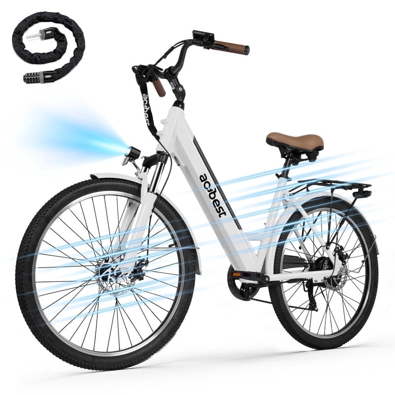 Actbest Core-Swept Step Thru Electric Bike for Adults, 26" Electric Bicycle with Peak 749W Brushless Motor, 36V/13Ah Built-in Battery, 7 Speed Front Shock Ebike (White) with Lock