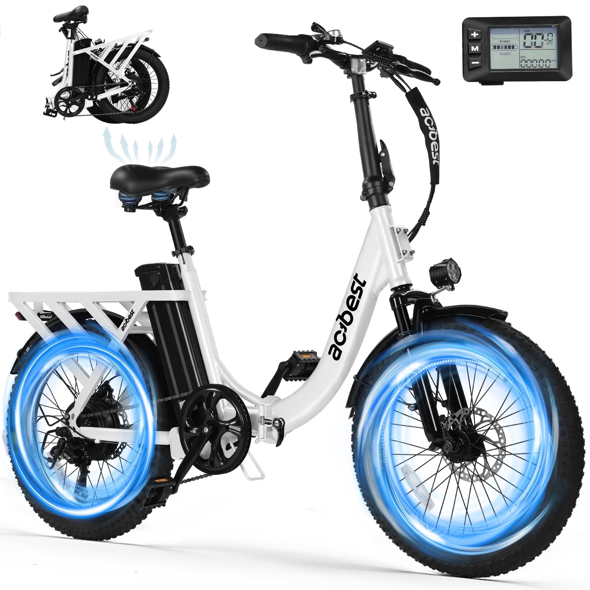 Actbest Electric Bike, 20" Folding EBike for Adults, Peak 750W Motor 48V 499Wh Battery, Fat Tire & Front Suspension Electric Bicycles,7 Speed, White