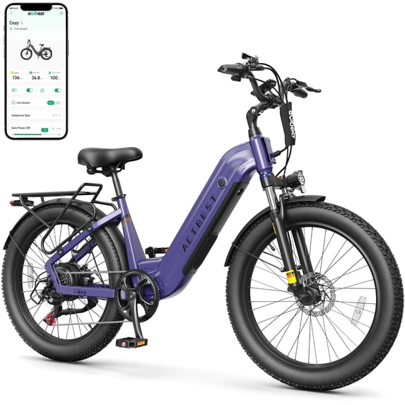 Actbest Cozy Electric Bike for Adults, 750W Motor 48V 15.6AH Removable Battery,7 Speed,Front Suspension, Wide Saddle, 24"x3.0" Fat Tire E-Mountain Bicycle, APP Control