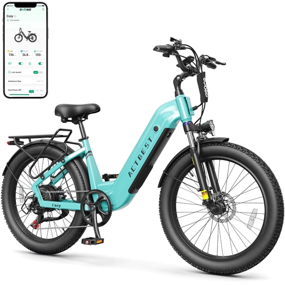 Actbest Cozy Electric Bike for Adults, 750W Motor 48V 15.6AH Removable Battery,7 Speed,Front Suspension, Wide Saddle, 24"x3.0" Fat Tire E-Mountain Bicycle, APP Control