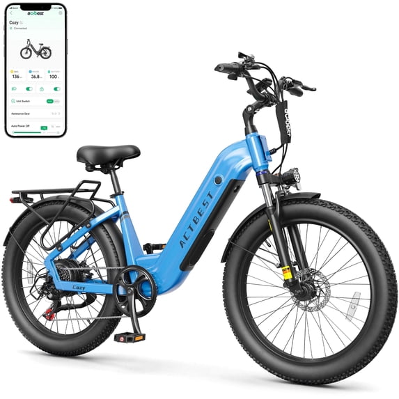 Actbest Cozy Electric Bike for Adults, 750W Motor 48V 15.6AH Removable Battery,7 Speed,Front Suspension, Wide Saddle, 24"x3.0" Fat Tire E-Mountain Bicycle, APP Control