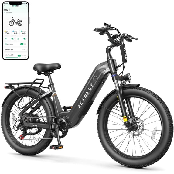 Actbest Cozy Electric Bike for Adults, 750W Motor 48V 15.6AH Removable Battery,7 Speed,Front Suspension, Wide Saddle, 24"x3.0" Fat Tire E-Mountain Bicycle, APP Control