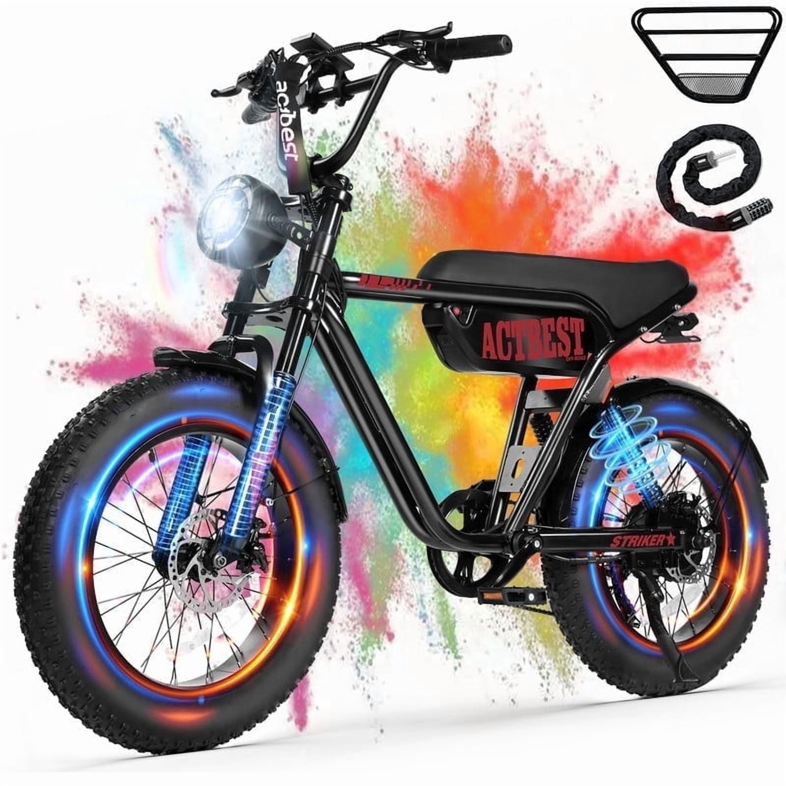 Electric Bike for Adults, 20" Fat Tire Bike, Peak 1500W Motor Full Suspension Mountain Electric Dirt Bike, Top 28 MPH Electric Motorcycle Black & Red with Lock & Basket