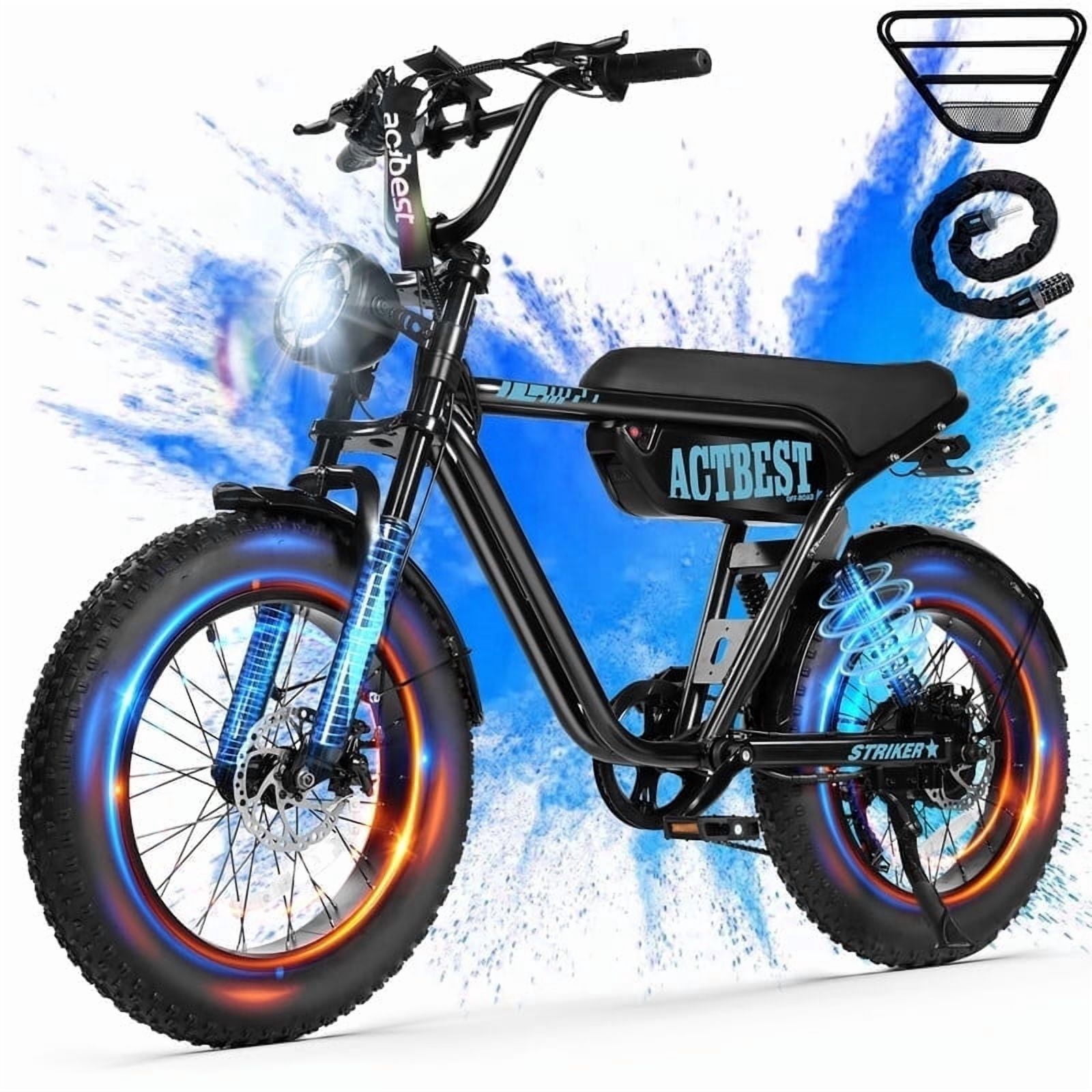 Electric Bike for Adults, 20" Fat Tire Bike, Peak 1500W Motor Full Suspension Mountain Electric Dirt Bike, Top 28 MPH Electric Motorcycle Black & Blue with Lock & Basket