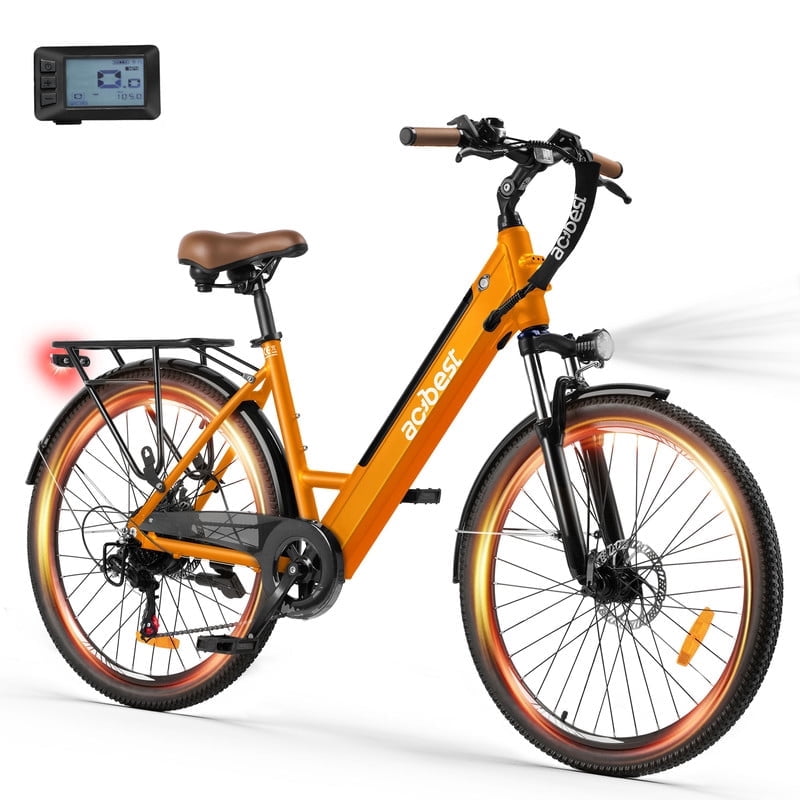 Actbest Electric Bike for Adults, 26" Step-Through Electric Bicycle with 36V 13Ah Removable Battery, 750W Peak Motor Electric Cruiser Bike with 20MPH, 7 Gears & Front Suspension (Orange)