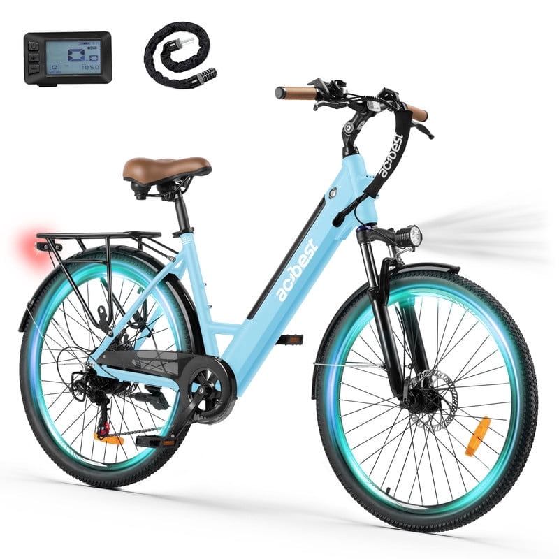 Actbest Electric Bike for Adults, 26" Step-Through Electric Bicycle with 36V 13Ah Removable Battery, 750W Peak Motor Electric Cruiser Bike with 20MPH, 7 Gears & Front Suspension (Blue) with Lock