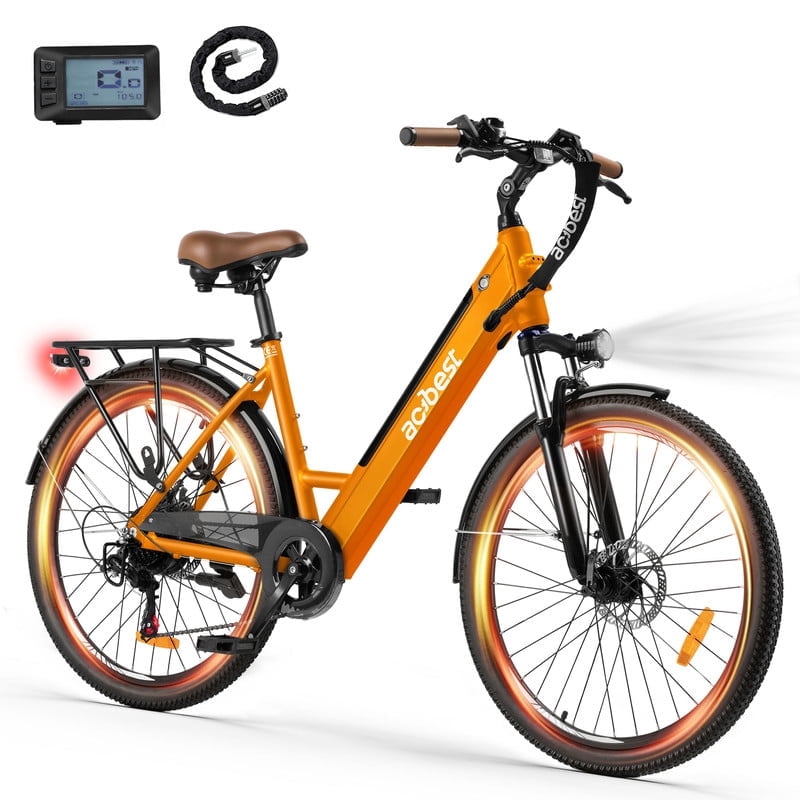 Actbest Electric Bike for Adults, 26" Step-Through Electric Bicycle with 36V 13Ah Removable Battery, 750W Peak Motor Electric Cruiser Bike with 20MPH, 7 Gears & Front Suspension (Orange) with Lock