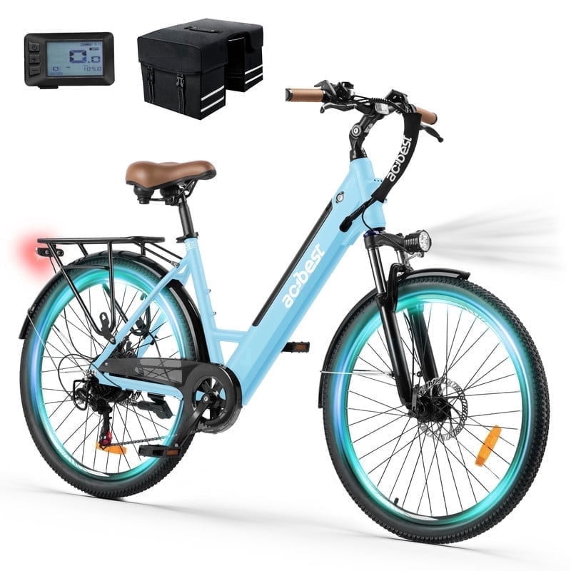 Actbest Electric Bike for Adults, 26" Step-Through Electric Bicycle with 36V 13Ah Removable Battery, 750W Peak Motor Electric Cruiser Bike with 22MPH, 7 Gears & Front Suspension (Blue) with Saddlebag