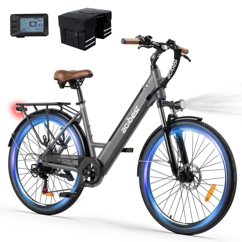 Actbest Electric Bike for Adults, 26" Step-Through Electric Bicycle with 36V 13Ah Removable Battery, 750W Peak Motor Electric Cruiser Bike with 22MPH, 7 Gears & Front Suspension (Grey) with Saddlebag