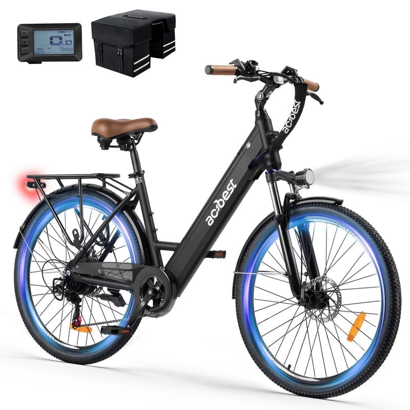 Actbest Electric Bike for Adults, 26" Step-Thru Electric Bicycle with 36V 13Ah Battery, 750W Peak Motor Electric Cruiser Bike with 20MPH, 7 Gears & Front Suspension (Black) with Saddlebag