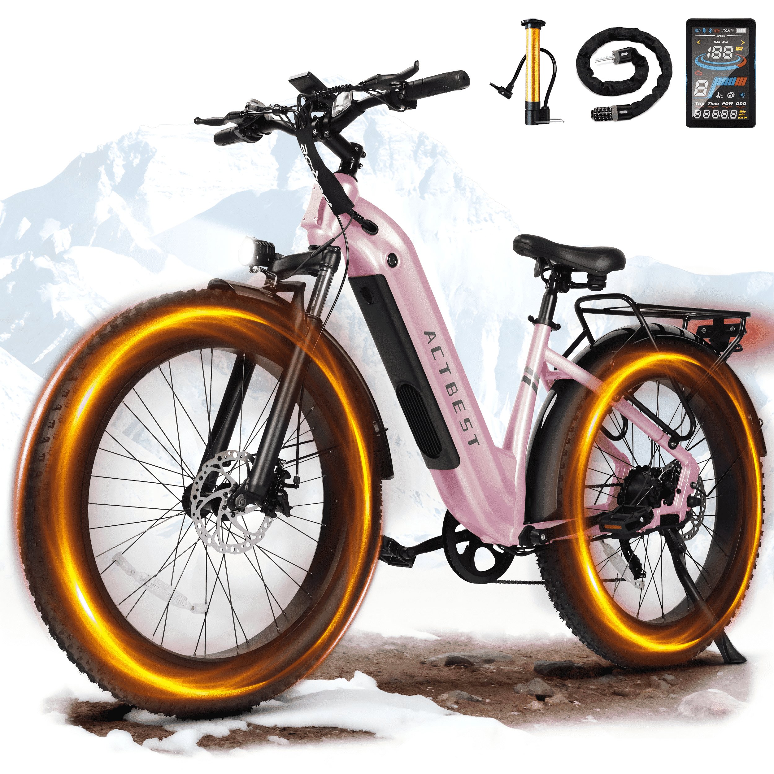 Electric Bike for Adults Peak 750W 20MPH Brushless Motor,48V Electric Mountain Bikes, 26"×4 Fat Tires Ebike,7 Speed (Pink)