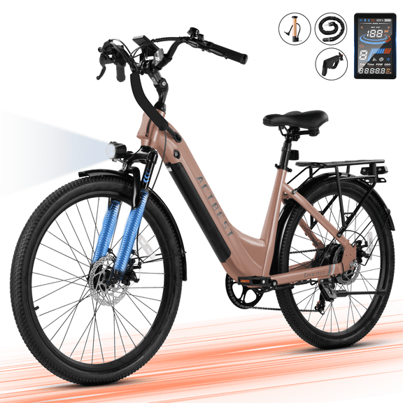 Actbest Electric Bike for Adults,over 750W Peak Motor Ebike,Up to 55Miles,over 20MPH E Bicycle,7-Speed, (Gold)