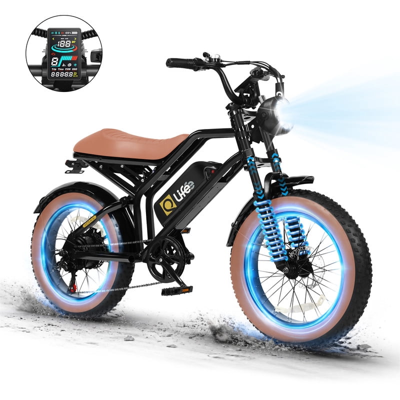 Electric Bike for Adults, 1500W Peak 28 MPH 20" Fat Tires Electric Bicycle with Dual Suspension & Brakes Motorcycle, E-Bike Black & Brown