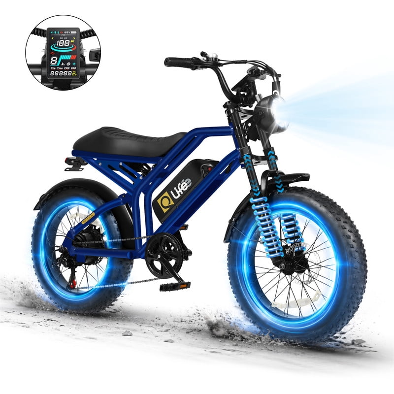 Electric Bike for Adults, 1500W Peak 28 MPH 20" Fat Tires Electric Bicycle with Dual Suspension & Brakes Motorcycle, E-Bike Blue
