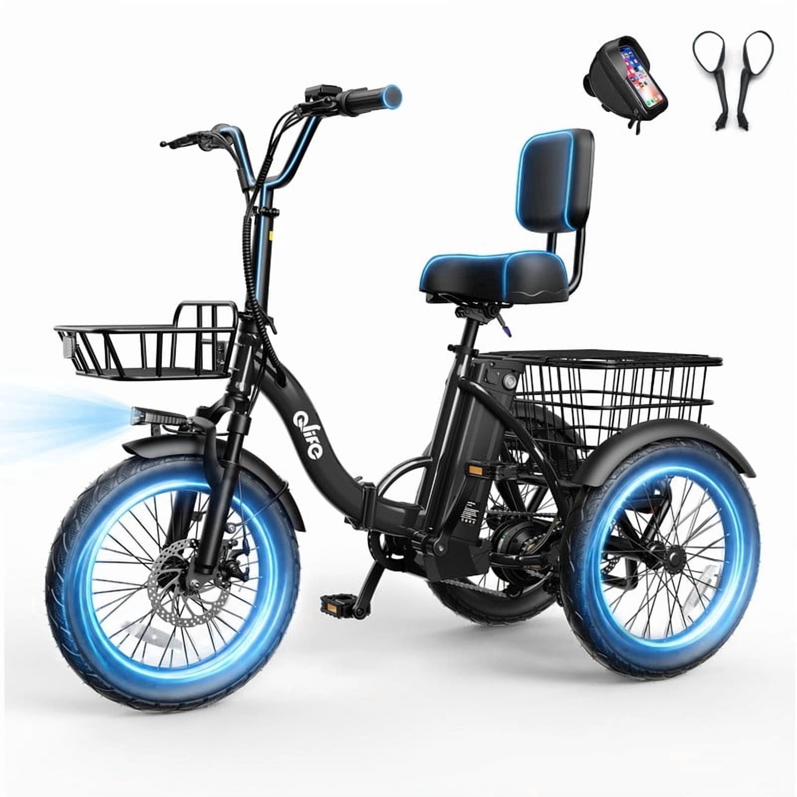 Actbest Electric Tricycle for Adults, 18" Folding Electric Trike, Peak 1200W Motor 48V 10.4AH Etrike, 18MPH Up to 50 Miles 3-Wheel Electric Bike with Mirror and Phone Bag (Black)