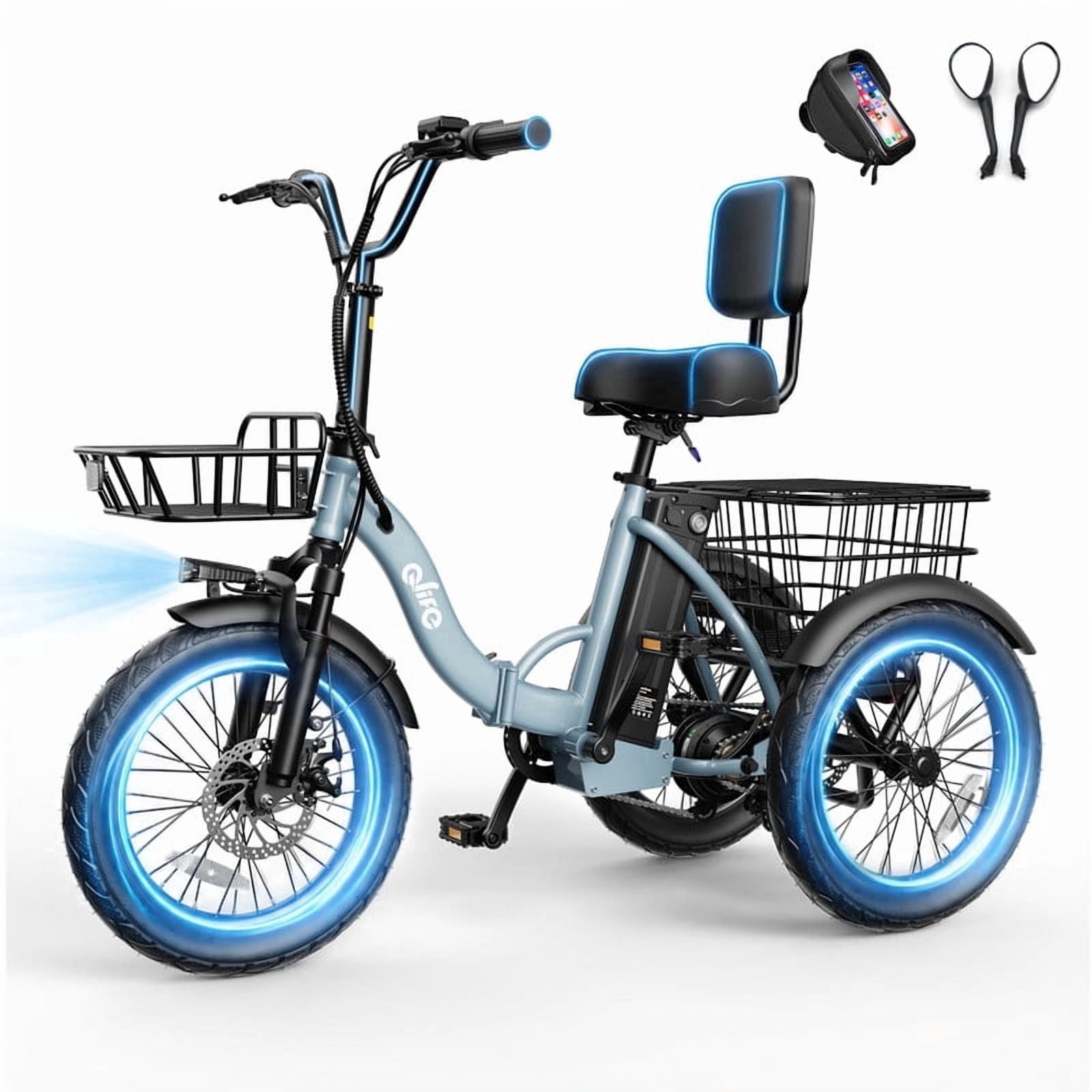 Actbest Electric Tricycle for Adults, 18" Folding Electric Trike, Peak 1200W Motor 48V 10.4AH Etrike, 18MPH Up to 50 Miles 3-Wheel Electric Bike with Mirror and Phone Bag (Blue)