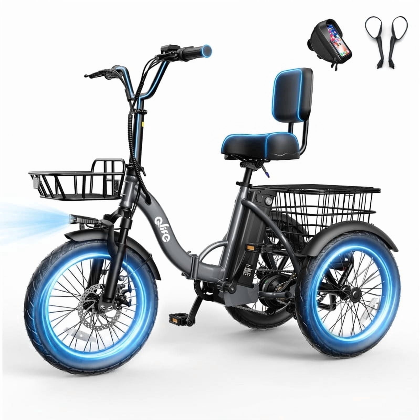 Actbest Electric Tricycle for Adults, 18" Folding Electric Trike, Peak 1200W Motor 48V 10.4AH Etrike, 18MPH Up to 50 Miles 3-Wheel Electric Bike with Mirror and Phone Bag (Grey)