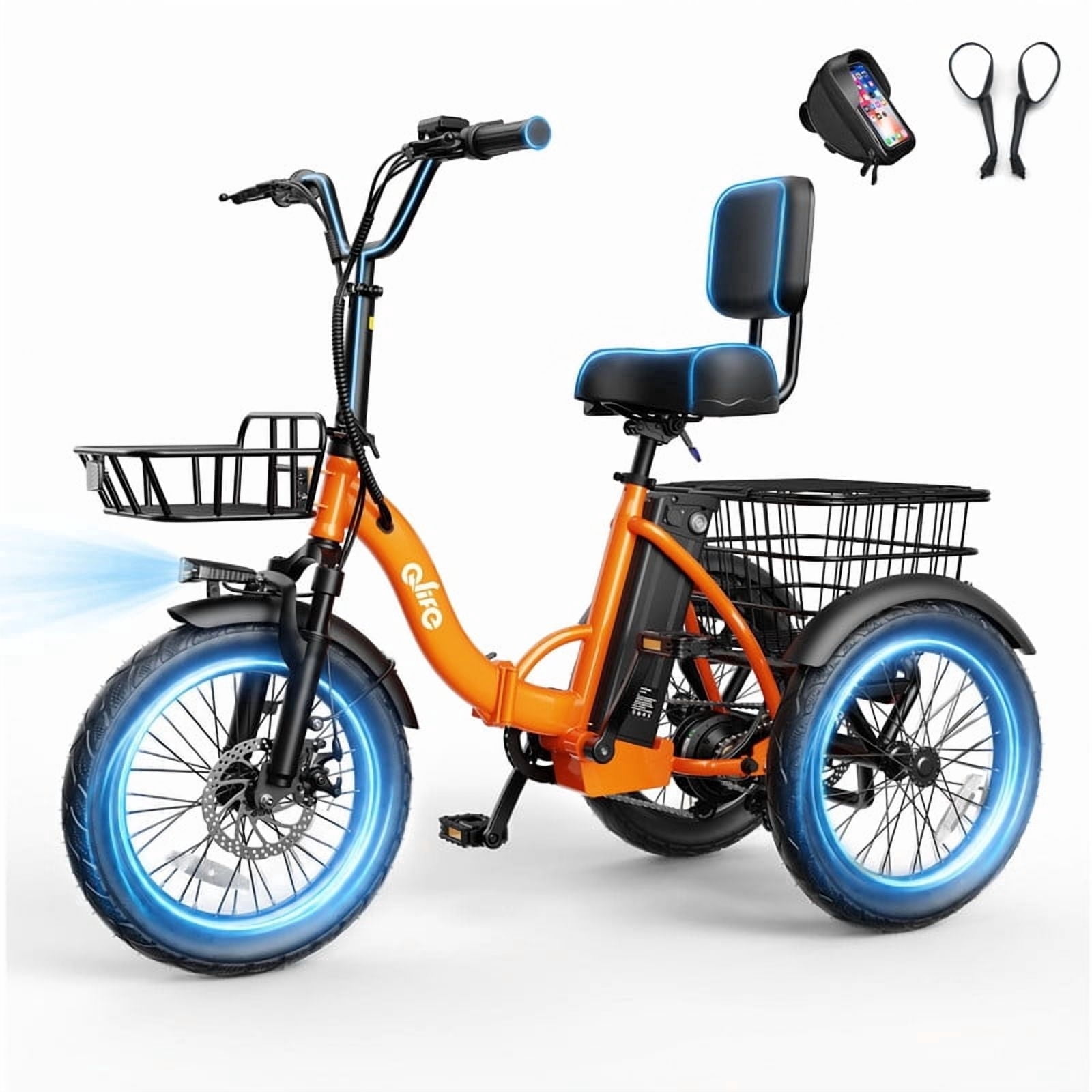 Actbest Electric Tricycle for Adults, 18" Folding Electric Trike, Peak 1200W Motor 48V 10.4AH Etrike, 18MPH Up to 50 Miles 3-Wheel Electric Bike with Mirror and Phone Bag (Orange)