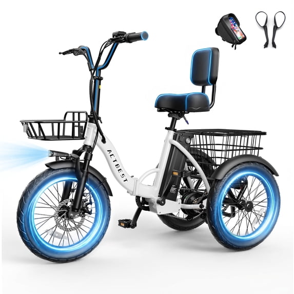 Actbest Electric Tricycle for Adults, 18" Folding Electric Trike, Peak 700W Motor 48V 10.4AH Etrike, 18MPH Up to 55 Miles 3-Wheel Electric Bike with Mirror and Phone Bag (White)
