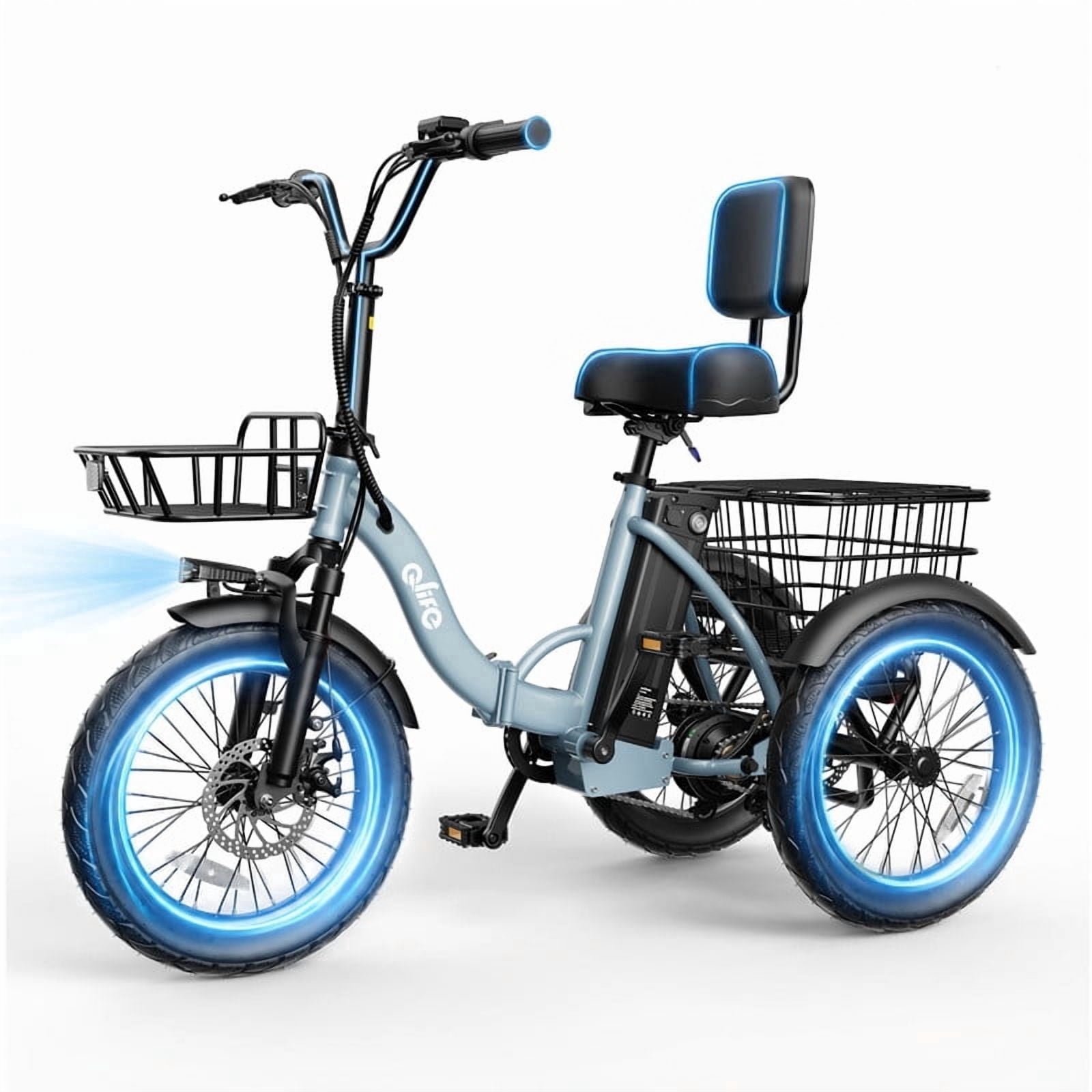 Actbest Electric Tricycle for Adults, 18" Folding Electric Trike, Peak 1200W Motor 48V 10.4AH Etrike, 18MPH Up to 50 Miles 3-Wheel Electric Bike Blue