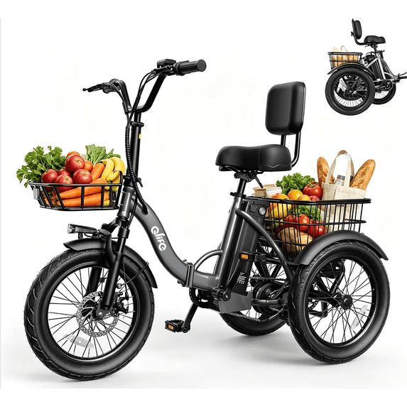 Actbest Electric Tricycle for Adults, 18" Folding Electric Trike, Peak 1200W Motor 48V 10.4AH Etrike, 18MPH Up to 50 Miles 3-Wheel Electric Bike Grey