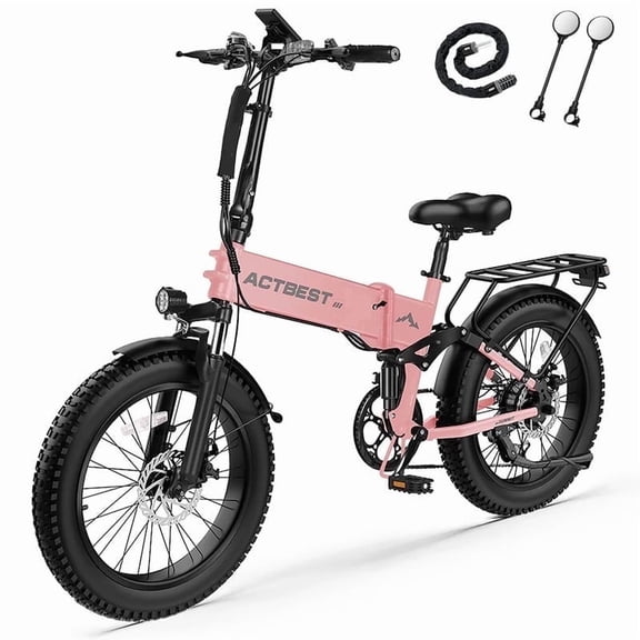 Actbest Folding Electric Bike for Adults, 20" Fat Tires Ebike, Peak 1200W Motor Foldable E-bike with 48V 12AH Battery, 7 Speed Electric Bicycle, 28MPH, Dual Suspension, Free Mirror & Lock (Pink)