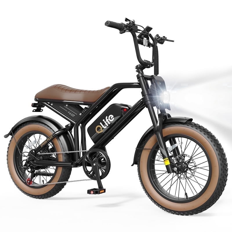 Plus Electric Bike for Adults, 1500W Peak 28 MPH 20" Fat Tires Electric Bicycle with Dual Suspension & Brakes Motorcycle, E-Bike Black & Brown
