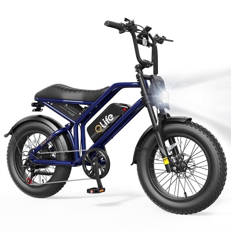 Plus Electric Bike for Adults, 1500W Peak 28 MPH 20" Fat Tires Electric Bicycle with Dual Suspension & Brakes Motorcycle, E-Bike Blue
