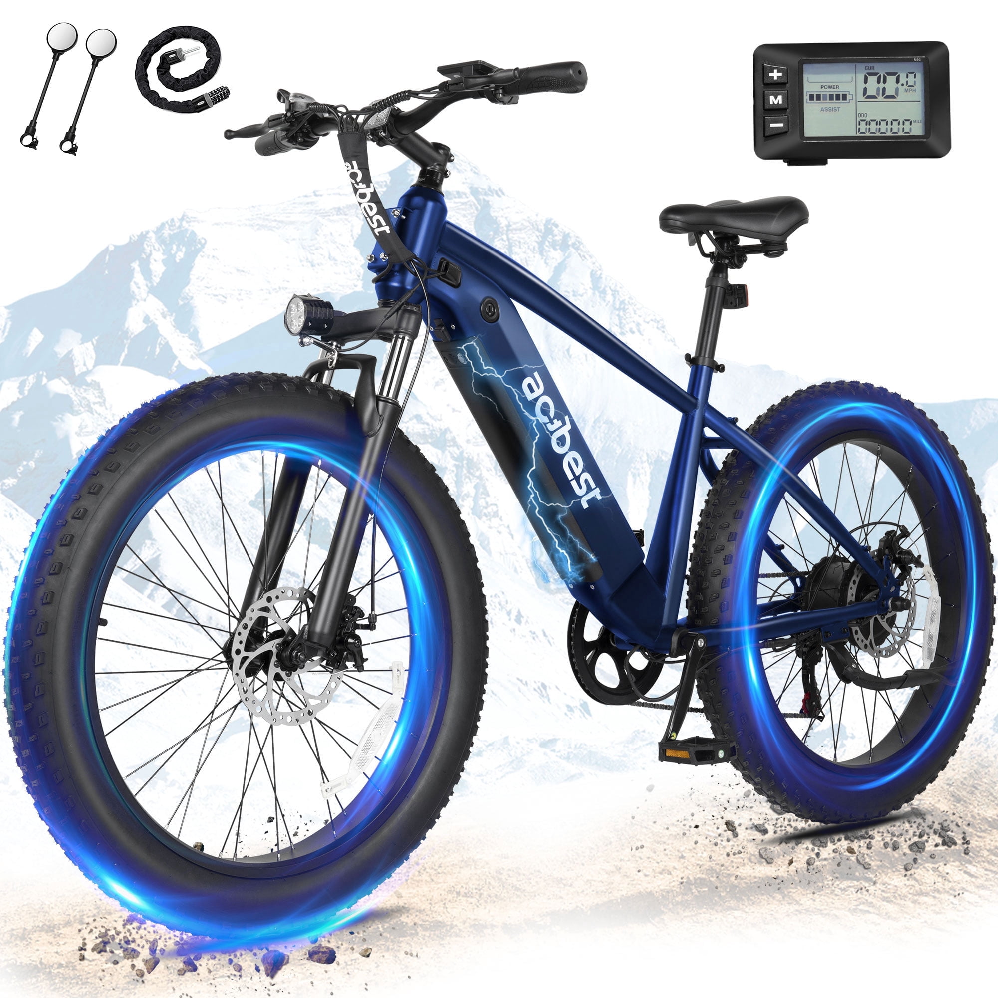 Actbest Ranger Electric Bicycle for Adults, 1400W Peak E-Bike 26" Fat Tire Electric Mountain Bike with 7-Speed, 28Mph (Black) with Mirror & Lock