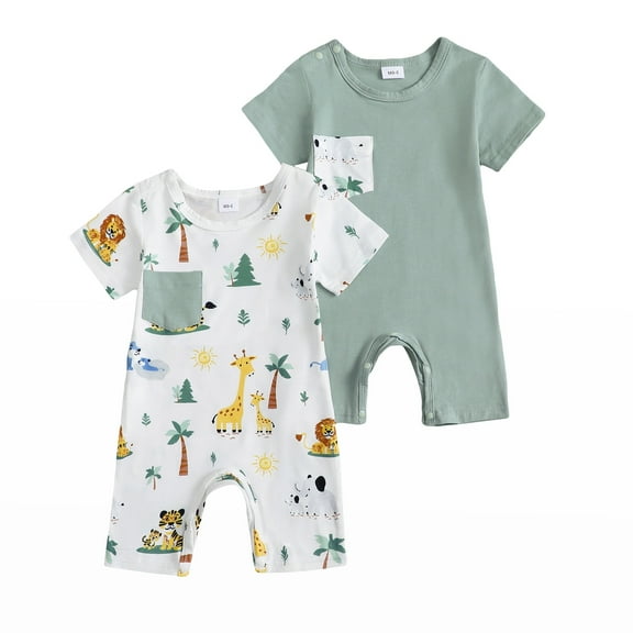 Actgleam Baby Boys Short Sleeve Romper Summer Infant Onesie Unisex Newborn Baby Clothes,Light Blue Zoo,0-3 Months