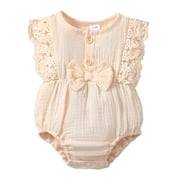Baby Girl Lace Ruffled Sleeveless Romper Summer Cotton casual Cute Jumpsuit,Apricot,9-12M