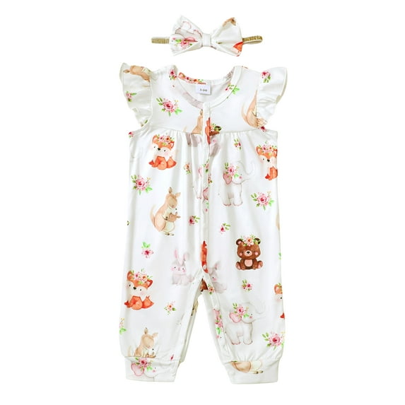 Actgleam Baby Girl Romper Ruffle Sleeveless Animal Print Cute Jumpsuit,Light Brown Zoo,9-12M