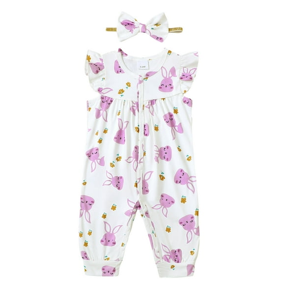 Actgleam Baby Girl Romper Ruffle Sleeveless Animal Print Cute Jumpsuit,Light Purple Rabbit,12-18M