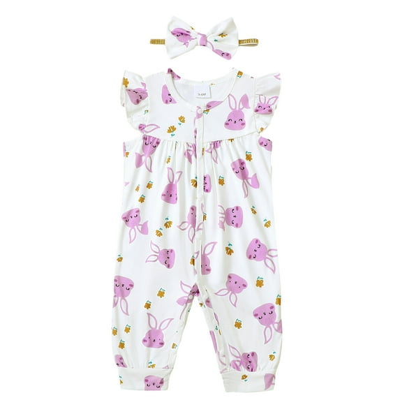 Actgleam Baby Girl Romper Ruffle Sleeveless Animal Print Cute Jumpsuit,Light Purple Rabbit,12-18M