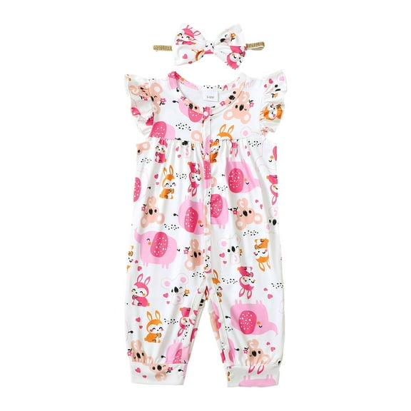 Actgleam Baby Girl Romper Ruffle Sleeveless Animal Print Cute Jumpsuit,Pink Zoo,3-6M