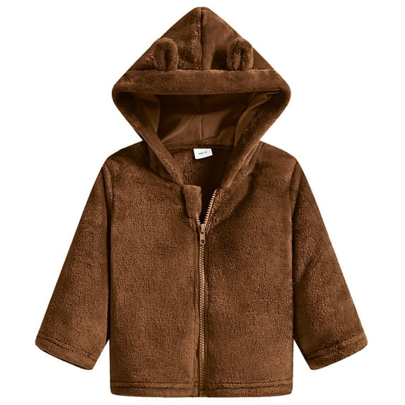 Actgleam Baby Girls Fleece Jacket Zipper up Hooded Jacket Coat with Cute Ears Hat,Brown,12-18Months